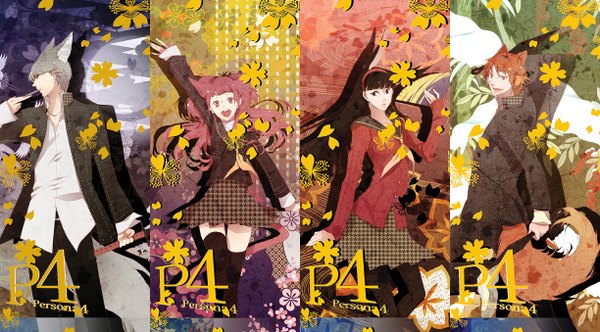 Anime picture 1224x678 with persona 4 persona kujikawa rise amagi yukiko seta souji hanamura yousuke mirunai long hair short hair open mouth black hair wide image multiple girls animal ears pink hair red hair tail pink eyes grey hair black eyes