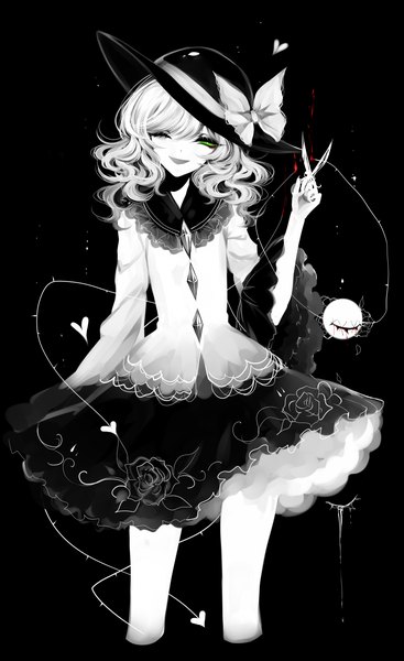 Anime picture 2200x3600 with touhou komeiji koishi sheya single tall image looking at viewer highres short hair open mouth smile green eyes head tilt one eye closed wide sleeves black background monochrome wavy hair spot color girl skirt