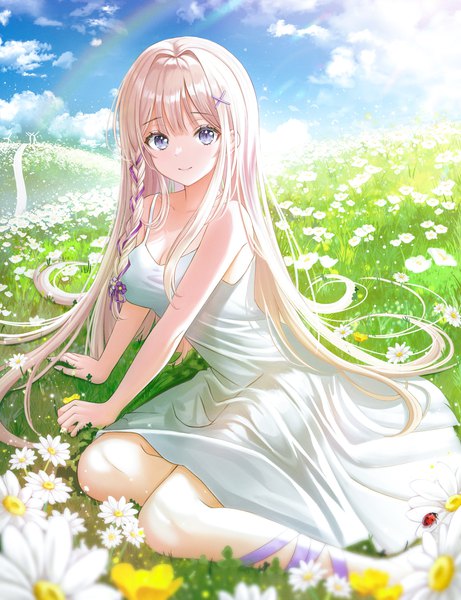 Anime picture 2677x3486 with original pora 0918 single long hair tall image looking at viewer fringe highres breasts blue eyes blonde hair smile sitting cleavage cloud (clouds) outdoors blunt bangs braid (braids) sunlight arm support