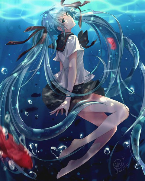 Anime picture 1000x1250 with vocaloid hatsune miku bottle miku na yeon single tall image looking at viewer fringe twintails signed blue hair full body bent knee (knees) very long hair parted lips head tilt pleated skirt barefoot aqua eyes dated