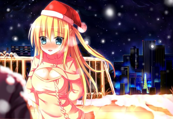 Anime picture 2952x2031 with original angel koman single long hair blush highres open mouth blue eyes blonde hair cleavage city snowing winter hands behind back cleavage cutout exhalation silhouette girl hat sweater