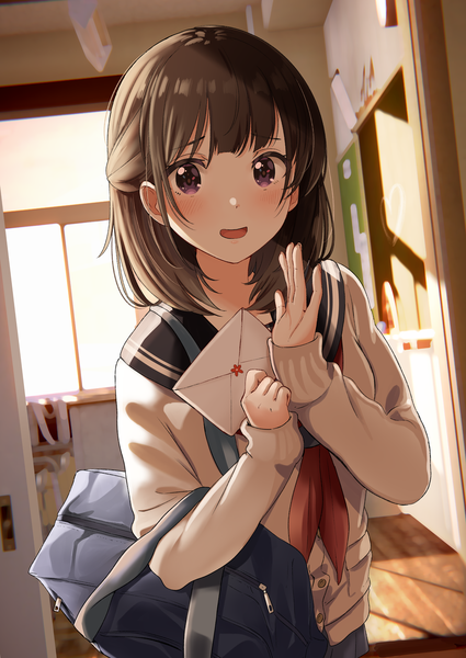 Anime-Bild 1416x2000 mit original shiokazunoko single tall image looking at viewer blush fringe short hair open mouth smile brown hair standing purple eyes holding payot indoors long sleeves :d arms up sleeves past wrists
