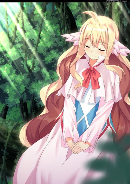 Anime picture 992x1402 with fairy tail mavis vermillion michael258 single long hair tall image blush fringe hair between eyes sitting signed payot ahoge outdoors eyes closed sunlight wavy hair sleeping sunbeam head wings
