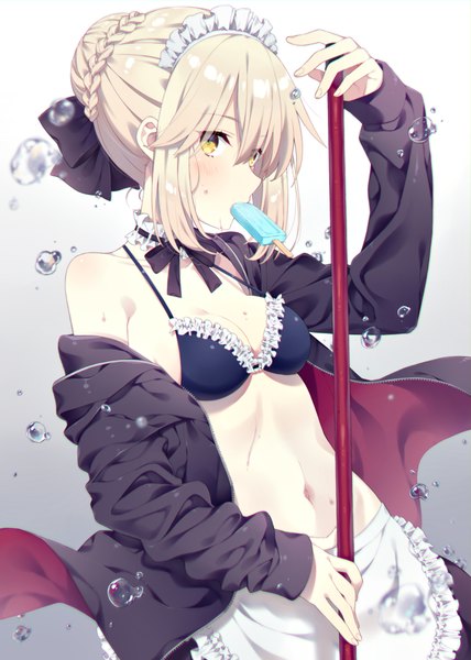 Anime picture 1427x2000 with fate (series) fate/grand order artoria pendragon (all) artoria pendragon (alter swimsuit rider) (fate) kusumoto shizuru single tall image looking at viewer blush fringe short hair breasts light erotic blonde hair hair between eyes holding yellow eyes payot cleavage braid (braids)