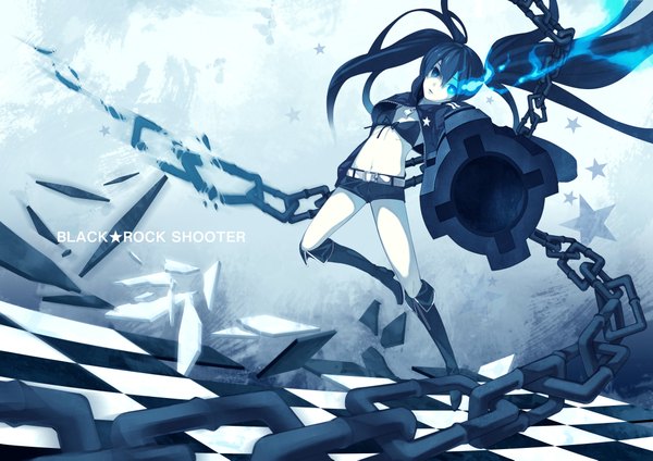 Anime picture 4169x2953 with black rock shooter black rock shooter (character) single long hair looking at viewer highres blue eyes blue hair girl star (symbol) chain bikini top