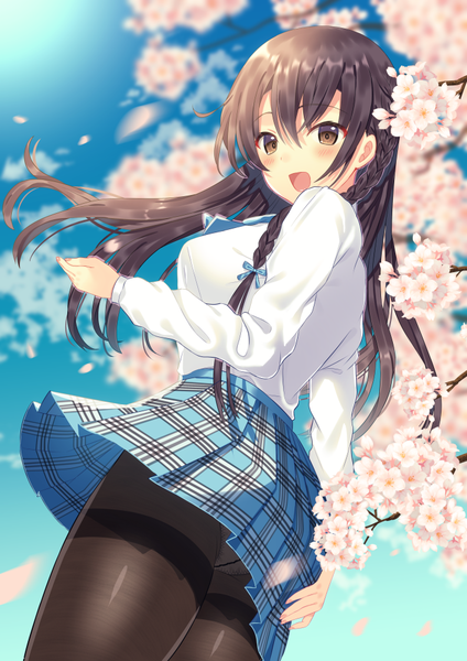 Anime picture 707x1000 with original toujou mina single long hair tall image looking at viewer blush fringe breasts open mouth light erotic smile hair between eyes brown hair standing brown eyes sky outdoors braid (braids) :d