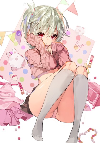 Anime picture 700x1000 with original sorolp single tall image looking at viewer blush fringe short hair light erotic red eyes white background signed ass pleated skirt aqua hair bare belly pantyshot no shoes lipstick one side up