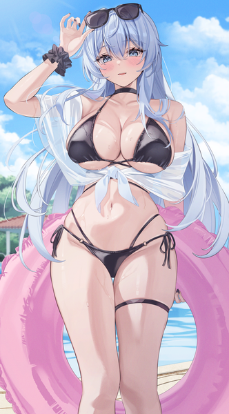 Anime picture 2894x5236 with original sg (satoumogumogu) single long hair tall image looking at viewer blush fringe highres breasts open mouth blue eyes light erotic hair between eyes large breasts standing holding sky cleavage silver hair