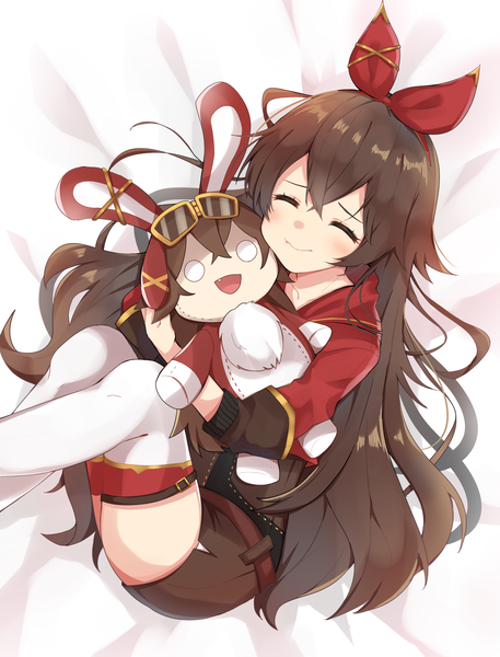Anime picture 2894x3799 with genshin impact amber (genshin impact) baron bunny (genshin impact) hanabayashi single long hair tall image blush fringe highres smile hair between eyes brown hair bent knee (knees) lying eyes closed from above hug on side happy