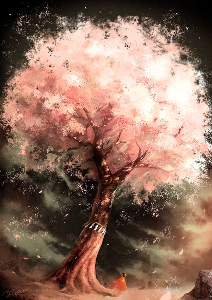 Anime picture 1061x1500 with original noeyebrow single tall image signed sky wind from behind cherry blossoms boy plant (plants) petals tree (trees) child (children) stone (stones)