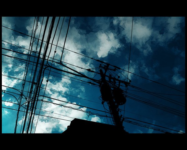 Anime picture 1000x800 with original sarugetty (artist) sky cloud (clouds) wire (wires) power lines