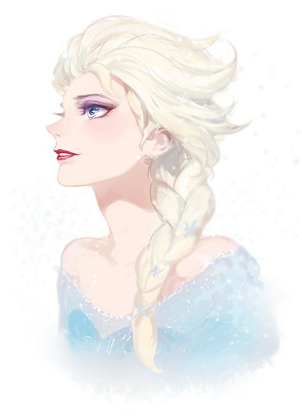 Anime picture 700x966 with frozen (disney) disney elsa (frozen) tekla single long hair tall image blush fringe open mouth blue eyes simple background blonde hair smile white background bare shoulders looking away upper body braid (braids) parted lips