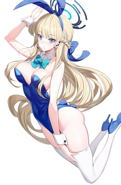 Anime picture 900x1372 with blue archive toki (blue archive) toki (bunny) (blue archive) ririko (zhuoyandesailaer) single long hair tall image blush fringe breasts blue eyes light erotic simple background blonde hair white background sitting animal ears looking away full body bent knee (knees)
