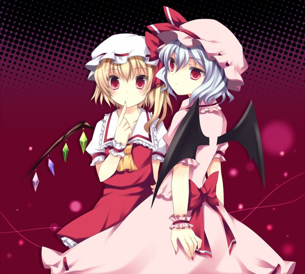 Anime picture 800x720 with touhou flandre scarlet remilia scarlet takase kanan blush fringe short hair blonde hair simple background hair between eyes red eyes multiple girls payot blue hair looking away head tilt fingernails :o back turning head