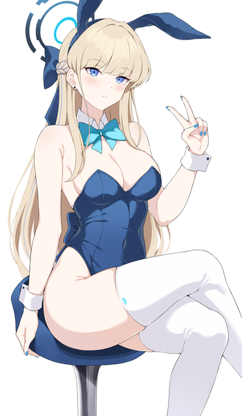 Anime picture 2800x4800 with blue archive toki (blue archive) toki (bunny) (blue archive) foxie30 single long hair tall image looking at viewer blush fringe highres breasts blue eyes light erotic simple background blonde hair large breasts white background sitting bare shoulders