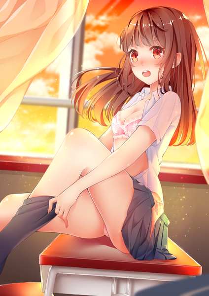 Anime picture 1905x2694 with original tiramisu potato single long hair tall image looking at viewer blush fringe highres breasts open mouth light erotic red eyes brown hair sitting payot sky cloud (clouds) bent knee (knees) indoors