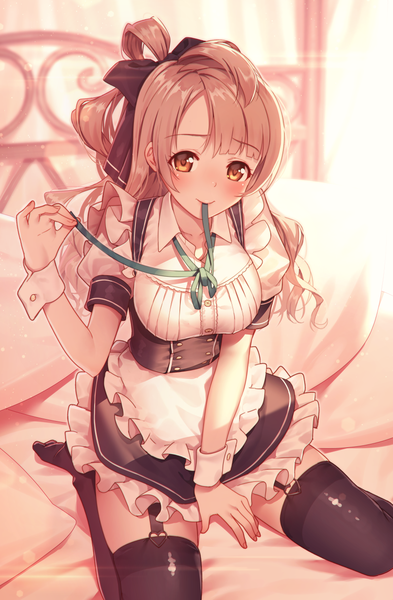 Anime picture 810x1234 with love live! school idol project sunrise (studio) love live! minami kotori nagareboshi single long hair tall image looking at viewer blush light erotic smile brown hair holding brown eyes one side up mouth hold girl thighhighs dress