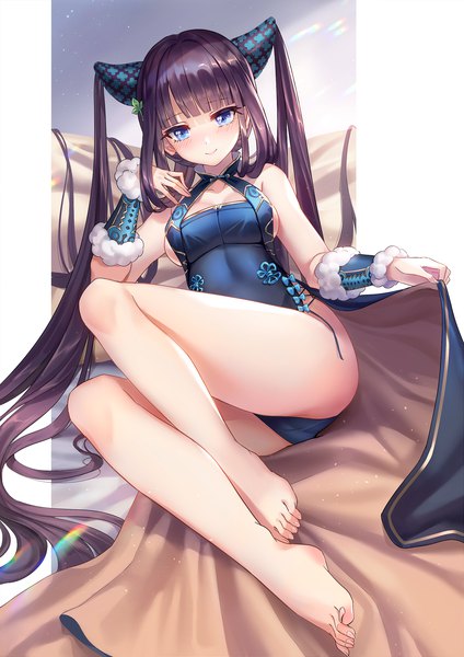 Anime picture 1470x2080 with fate (series) fate/grand order yang guifei (fate) lalazyt single tall image looking at viewer blush fringe blue eyes light erotic smile brown hair twintails payot full body bent knee (knees) blunt bangs very long hair head tilt