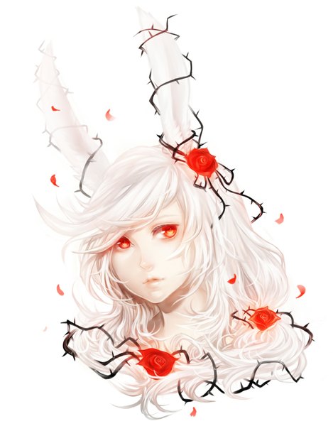 Anime picture 783x1000 with original f-wd single long hair tall image open mouth simple background red eyes white background animal ears white hair hair flower bunny ears bunny girl face girl hair ornament flower (flowers) petals rose (roses)