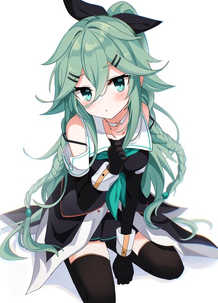 Anime picture 2392x3320 with kantai collection yamakaze (kantai collection) fathom single long hair tall image looking at viewer blush fringe highres simple background hair between eyes white background sitting green eyes payot ponytail braid (braids) head tilt pleated skirt