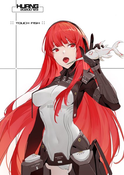 Anime picture 1240x1754 with punishing: gray raven vera (punishing: gray raven) huang (volt0526) single long hair tall image fringe breasts open mouth light erotic simple background red eyes white background holding signed looking away red hair blunt bangs arm up covered navel
