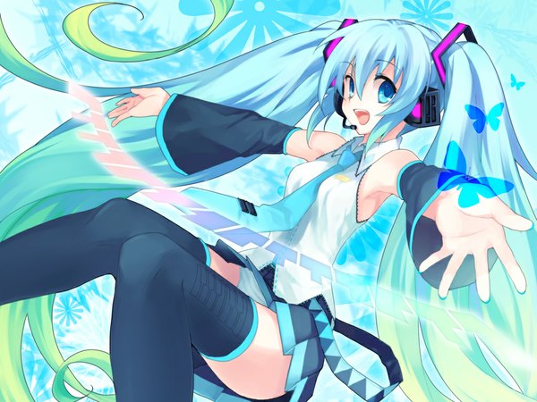 Anime picture 1024x768 with vocaloid hatsune miku koto (colorcube) open mouth light erotic twintails aqua eyes aqua hair armpit (armpits) thighs spread arms girl thighhighs underwear panties necktie headphones insect butterfly vest