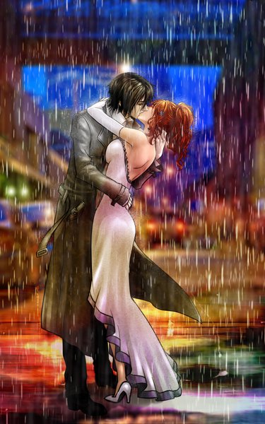 Anime picture 2200x3520 with bleach studio pierrot inoue orihime ulquiorra schiffer billiefeng tall image highres short hair black hair bare shoulders eyes closed orange hair couple hug rain kiss espada girl dress boy