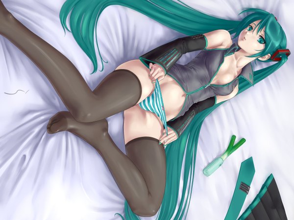 Anime picture 2666x2000 with vocaloid hatsune miku rasukaru long hair highres light erotic twintails aqua hair open clothes open shirt undressing girl thighhighs underwear panties bed