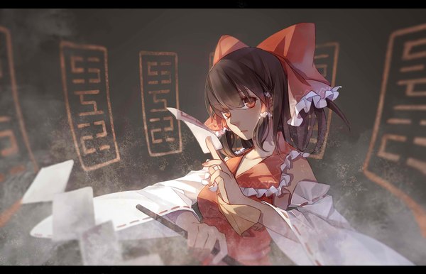 Anime picture 2016x1300 with touhou hakurei reimu momozi (mkingnight) single looking at viewer highres short hair red eyes brown hair traditional clothes miko girl bow hair bow detached sleeves gohei ofuda