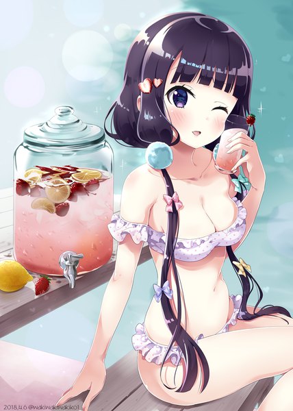 Anime picture 800x1122 with blend s a-1 pictures sakuranomiya maika neki (wakiko) single long hair tall image blush fringe breasts open mouth light erotic black hair twintails purple eyes blunt bangs one eye closed low twintails girl hair ornament