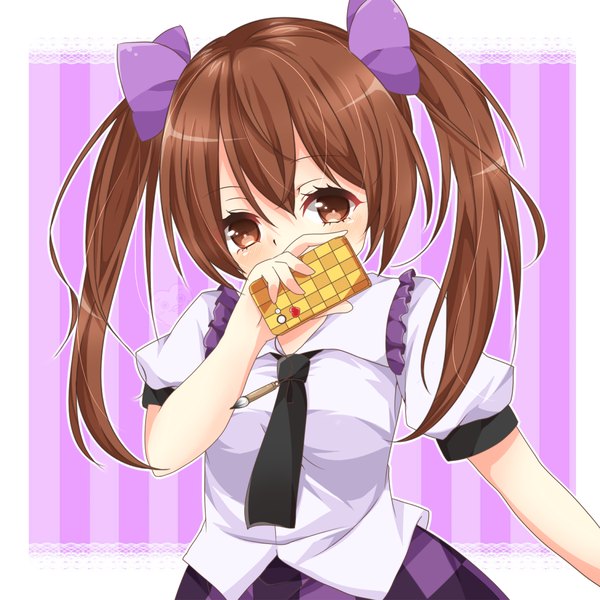 Anime picture 1125x1125 with touhou himekaidou hatate yuria (kittyluv) single long hair looking at viewer blush brown hair twintails brown eyes girl necktie phone