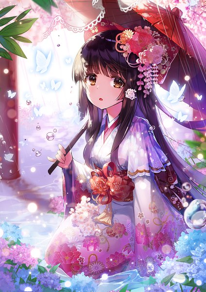 Anime picture 849x1200 with original apple caramel single long hair tall image looking at viewer blush fringe open mouth brown hair sitting holding brown eyes full body outdoors blunt bangs traditional clothes japanese clothes hair flower wide sleeves