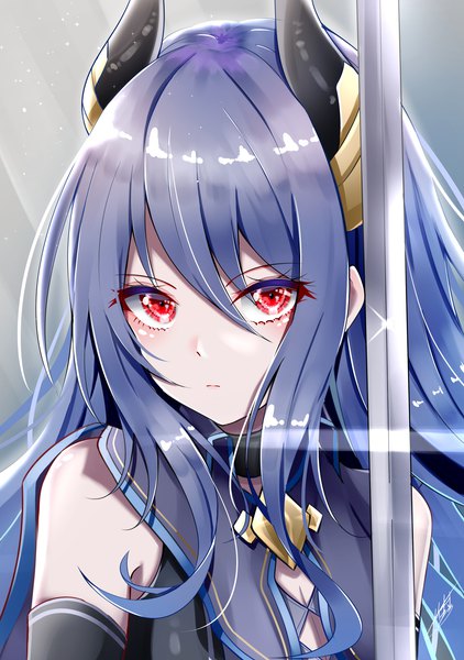 Anime picture 2935x4175 with princess connect! re:dive princess connect! rei (princess connect!) takemura kou single long hair tall image looking at viewer blush fringe highres breasts hair between eyes red eyes bare shoulders purple hair upper body horn (horns) warrior girl