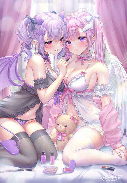 Anime picture 2075x3000 with original yuyuko (yuyucocco) long hair tall image blush fringe highres breasts open mouth light erotic smile hair between eyes red eyes large breasts sitting purple eyes twintails multiple girls holding signed