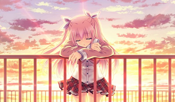 Anime picture 1024x600 with houkago kitchen long hair blonde hair wide image twintails game cg cloud (clouds) eyes closed tears evening sunset girl uniform school uniform