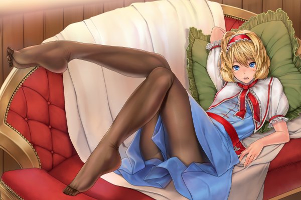 Anime picture 2400x1600 with touhou alice margatroid inuzuka bouru single fringe highres short hair open mouth blue eyes light erotic blonde hair no shoes crossed legs girl dress pantyhose headdress couch