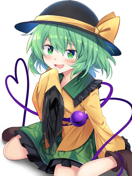 Anime picture 1000x1333 with touhou komeiji koishi e.o. single tall image blush fringe short hair open mouth simple background hair between eyes white background sitting green eyes :d green hair wariza hand to mouth heart of string girl