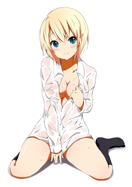 Anime picture 800x1133 with original ragho no erika single tall image blush short hair breasts blue eyes light erotic simple background blonde hair smile white background sitting cleavage wet wariza partially open clothes wet shirt girl