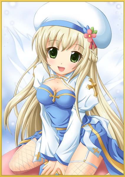 Anime picture 1024x1450 with ragnarok online archbishop (ragnarok online) neats (artist) single long hair tall image looking at viewer blush open mouth light erotic blonde hair green eyes girl thighhighs dress hat