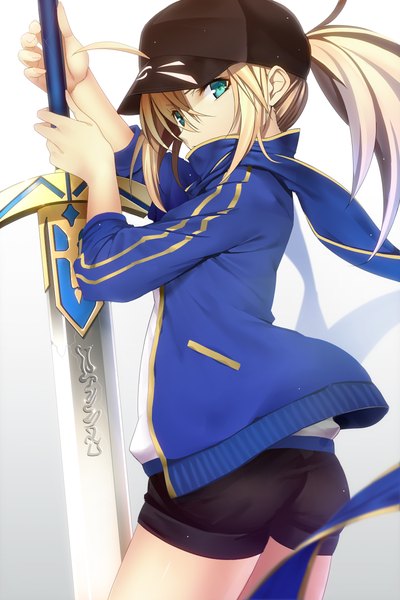 Anime picture 1500x2250 with fate (series) fate/grand order artoria pendragon (all) mysterious heroine x (fate) machimura komori single long hair tall image looking at viewer blue eyes blonde hair white background ponytail girl weapon sword jacket shorts baseball cap