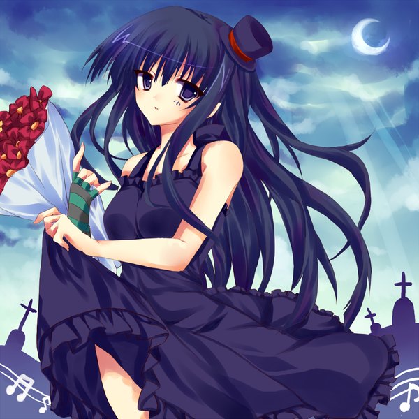 Anime picture 1000x1000 with k-on! kyoto animation akiyama mio kiseri momo single long hair looking at viewer blue eyes black hair bare shoulders crescent girl dress flower (flowers) hat bouquet