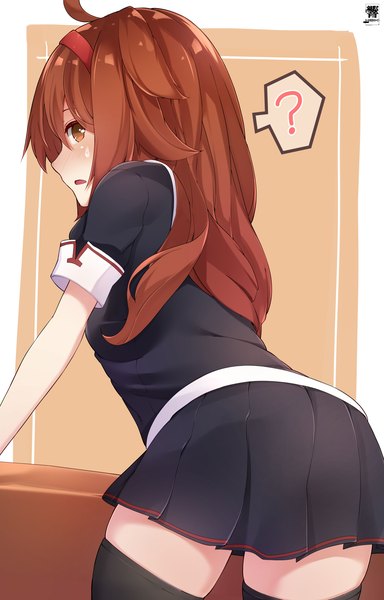 Anime picture 4724x7376 with kantai collection shiratsuyu destroyer hibiki zerocodo single long hair tall image looking at viewer blush fringe highres open mouth light erotic simple background hair between eyes brown hair brown eyes signed absurdres ahoge profile