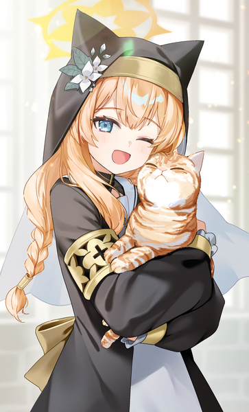 Anime picture 1615x2668 with blue archive mari (blue archive) shiromoca single long hair tall image looking at viewer fringe open mouth blue eyes hair between eyes upper body braid (braids) one eye closed orange hair ;d nun girl animal cat