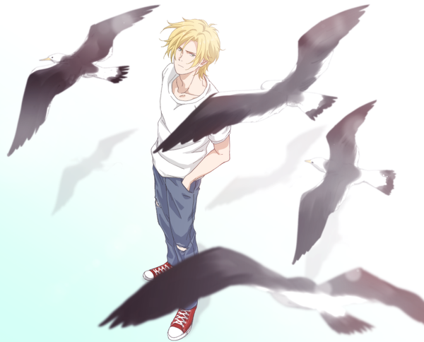 Anime picture 1019x823 with banana fish mappa ash lynx sawa nya single looking at viewer fringe short hair simple background blonde hair hair between eyes standing white background green eyes full body from above hand in pocket boy animal shoes