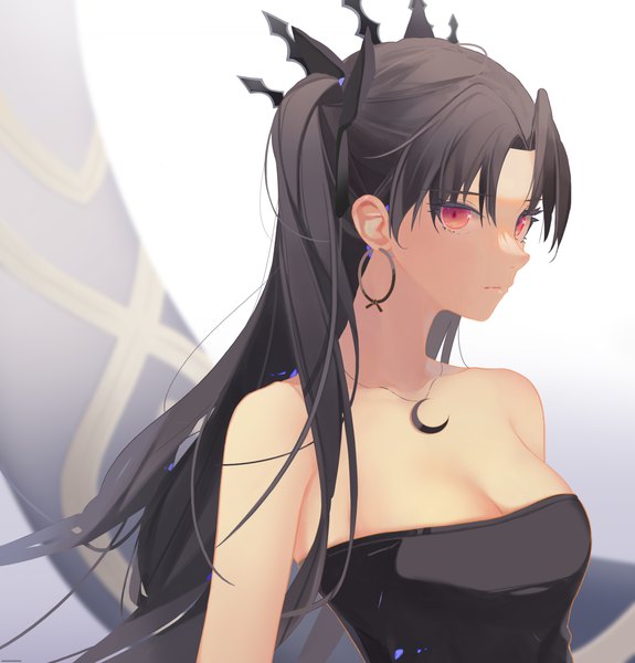 Anime picture 2334x2434 with fate (series) fate/grand order ishtar (fate) tr (hareru) single long hair tall image looking at viewer highres breasts black hair red eyes cleavage upper body two side up girl earrings pendant hoop earrings moon (symbol)
