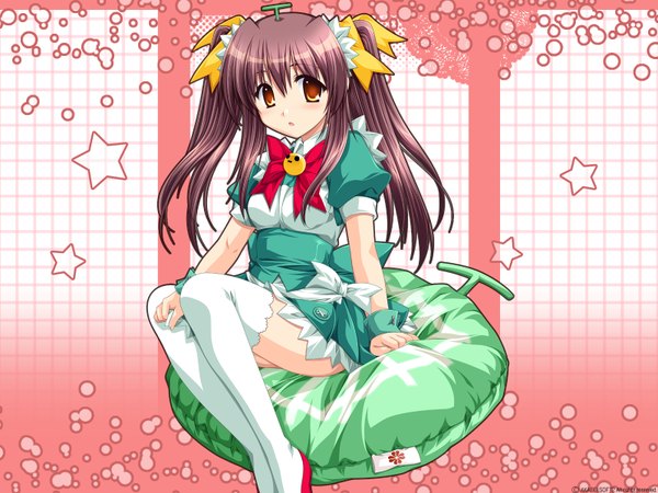 Anime picture 1600x1200 with sharin no kuni himawari no shoujo hinata natsumi (sharin no kuni) alpha (yukai na nakamatachi) brown hair sitting twintails orange eyes girl thighhighs dress white thighhighs star (symbol)