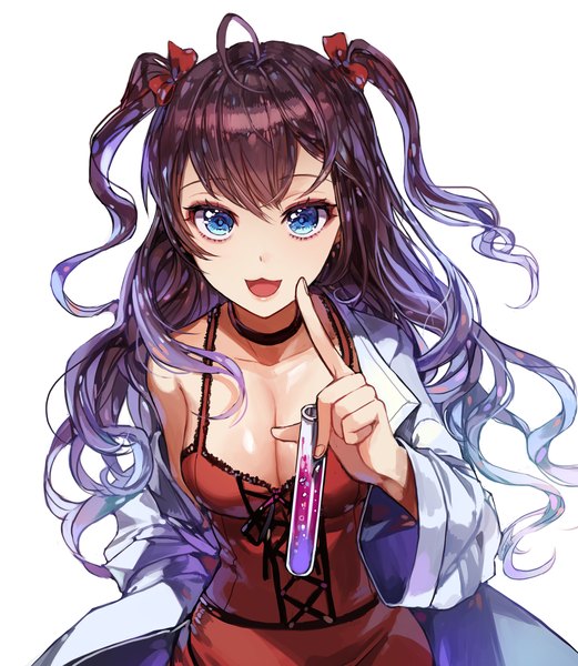 Anime picture 1500x1725 with idolmaster idolmaster cinderella girls ichinose shiki kim eb single tall image looking at viewer fringe breasts open mouth blue eyes light erotic simple background hair between eyes brown hair large breasts white background cleavage purple hair ahoge