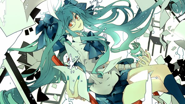 Anime picture 1066x599 with vocaloid hatsune miku suou single long hair fringe red eyes wide image sitting twintails very long hair nail polish light smile aqua hair girl uniform bow hair bow school uniform socks