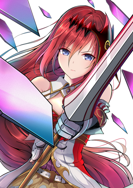 Anime picture 765x1075 with granblue fantasy godguard brodia amagami (makise tsubaki) single long hair tall image looking at viewer fringe breasts blue eyes simple background hair between eyes standing white background bare shoulders holding red hair girl hair ornament weapon