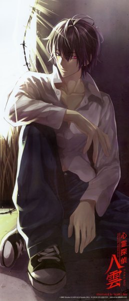 Anime picture 2468x5741 with shinrei tantei yakumo saitou yakumo suzuka oda single tall image highres short hair black hair sitting official art heterochromia serious boy shirt sneakers jeans